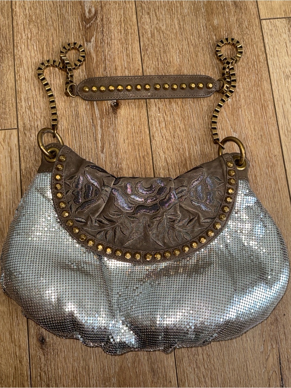 Isabella Fiore Mesh Brown Leather Trim Floral Studded Chanin Strap
Shoulder Bag